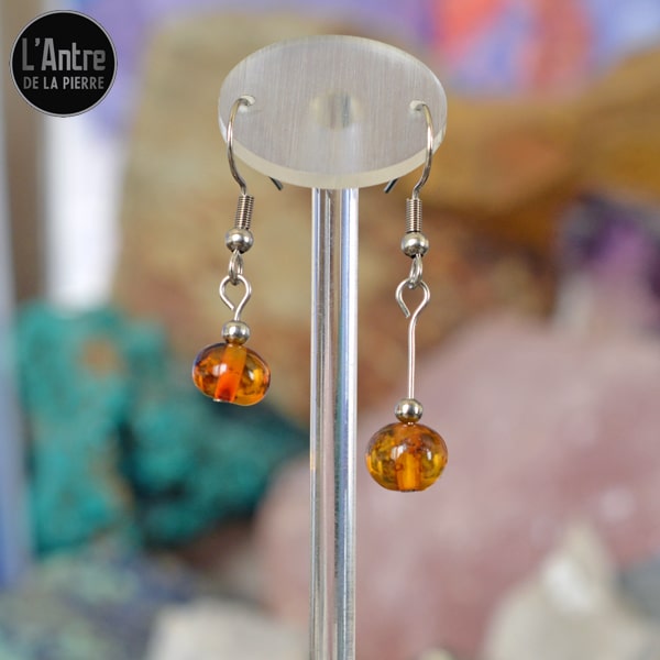 Boucles d'Oreilles Ambre Cognac de la Baltique Boules de 7 mm Courtes ou Longues avec Crochet Argent 925