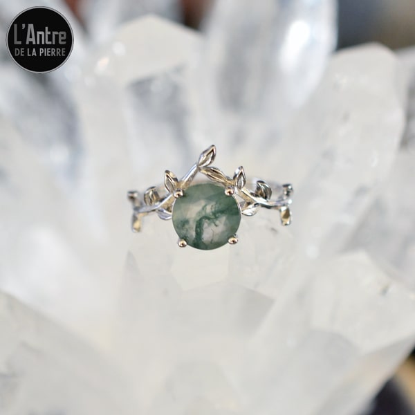 Bague Ajustable Agate Mousse et Argent Sterling 925