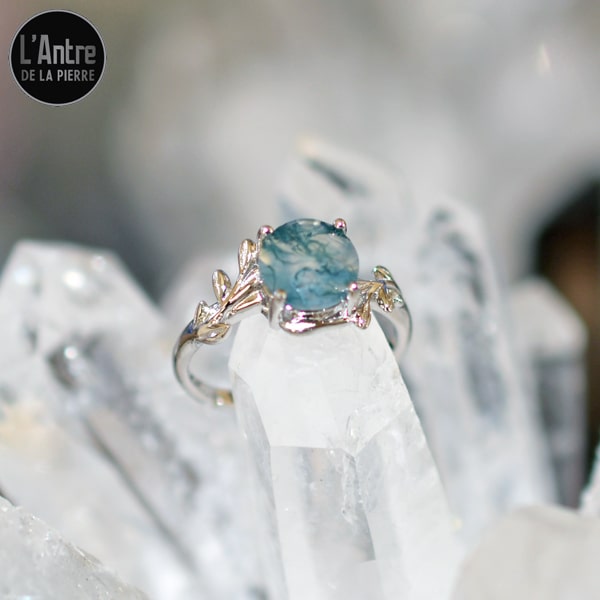 Bague Ajustable Agate Mousse en Argent Sterling 925