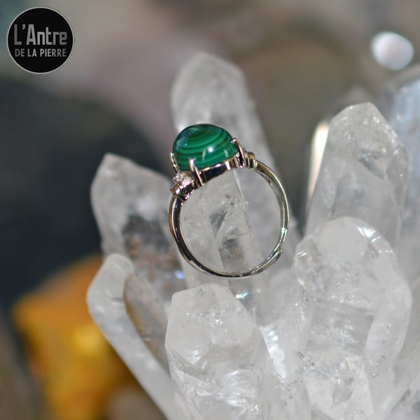Bague Ajustable Argent Sterling 925 avec un Cabochon Malachite du Congo Grade 2A