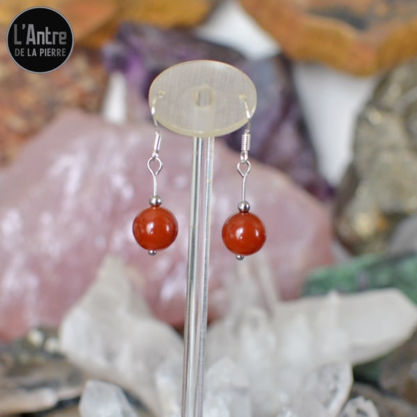 Boucles d'Oreilles Cornaline Rouge Ronde de 10 mm et Crochets en Argent Sterling 925
