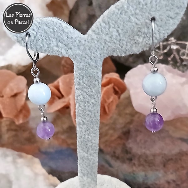 Réalisation d'une Paire de Boucles d'Oreilles Aigue-Marine de 10 mm, Améthyste de 8 mm avec des Dormeuses en Acier Inoxydable