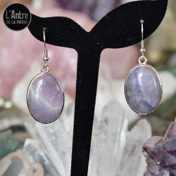 Paire de Boucles d'Oreilles en Améthyste du Brésil Pierre Ovale Sertie et Crochets en Acier Inoxydable 304