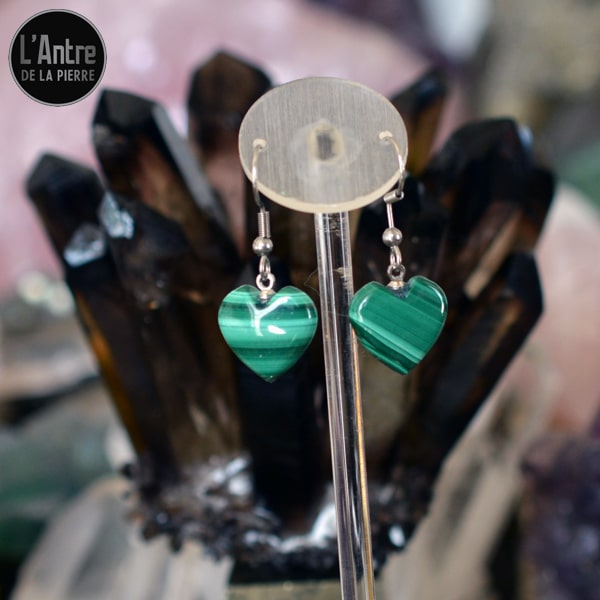 Boucles d'Oreilles Petits Cœurs en Malachite du Congo, de Grade 2A avec des Crochets en Argent Sterling 925