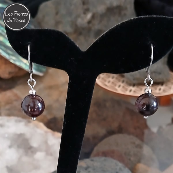 Paire de Boucles d'Oreilles Grenat Almandin de Madagascar Boule de 10 mm avec des Dormeuses