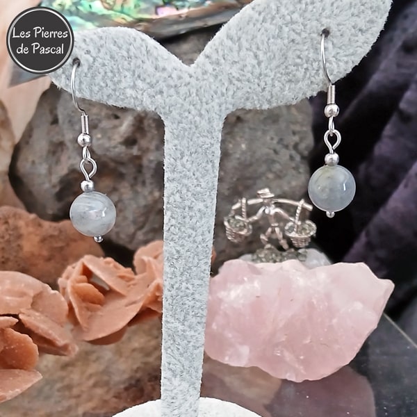 Boucles d'Oreilles Labradorite Ronde de 10 mm de Madagascar Grade A+ et Crochets en Argent Sterling 925