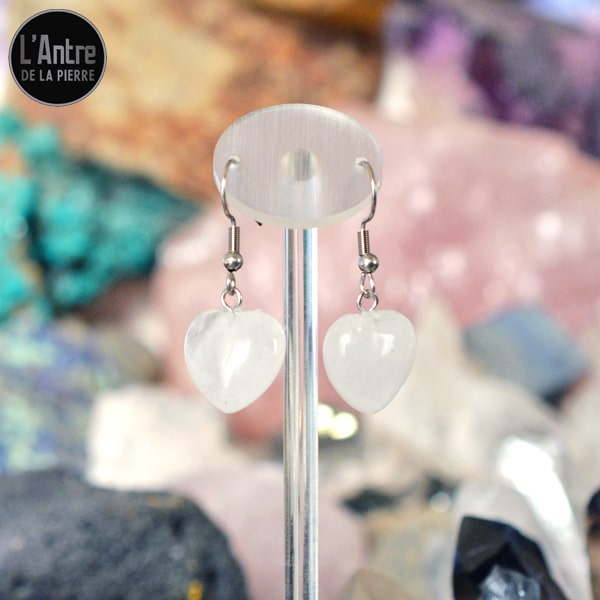 Boucles d'Oreilles Petits Cœurs en Cristal de Roche et Crochets en Argent Sterling 925