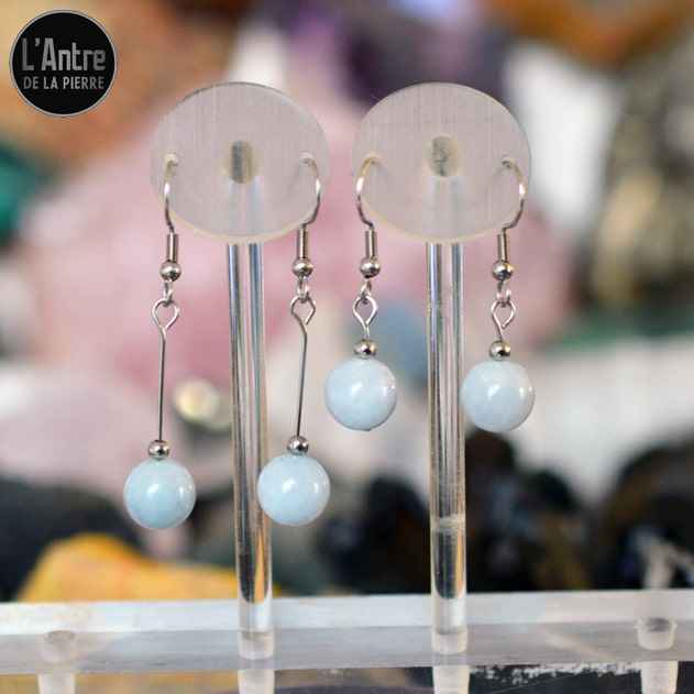 Paires de Boucles d'Oreilles Aigue-Marine du Brésil Boule de 10 mm et de Grade A+ Courtes ou Longues