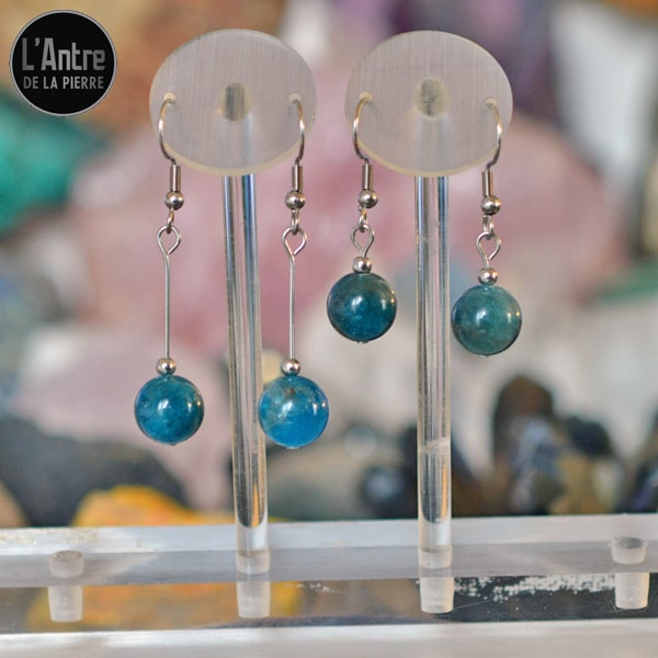 Boucles d'Oreilles Apatite Bleue du Brésil Boule de 10 mm de Qualité A+ Courtes ou Longues avec Crochet en Argent 925