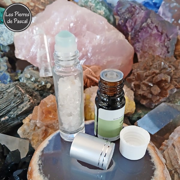 Mini Bouteille avec Applicateur pour Huile Essentielle avec du Cristal de Roche