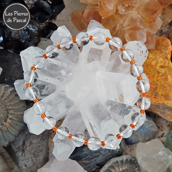 Bracelet en Cristal de Roche du Brésil Boules de 8 mm Grade 2A et Perles de Rocaille Orange de 1 mm