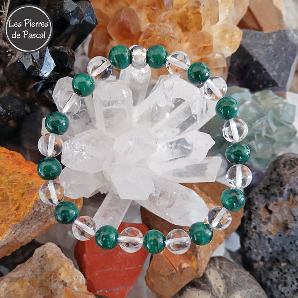 Bracelet en Malachite du Congo 2A et Cristal de Roche du Brésil Grade 3A Boules de 8 mm