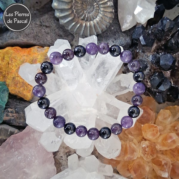 Bracelet 3 Pierres Contre l'Anxiété, le Stress et les Angoisses : Améthyste, Lépidolite et Tourmaline Noire - Calme, Protection et Ancrage