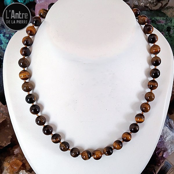 Collier à Nœuds en Œil de Tigre de Grade A d'Afrique du Sud Boules de 10 mm