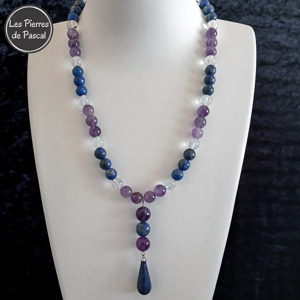 Réalisation d'un Collier en Améthyste, Cristal de Roche et Lapis-Lazuli Boules de 8 et 10 mm, avec 1 Pendant Goutte Lapis-Lazuli de 46 cm + 4 cm