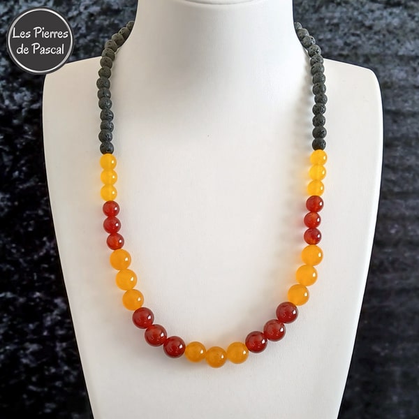 Collier Aux Couleurs du Drapeau Catalan en Pierre de Lave et Agates Rouge et Jaune de 6 mm, 8 mm et 10 mm de 50 cm + 4 cm