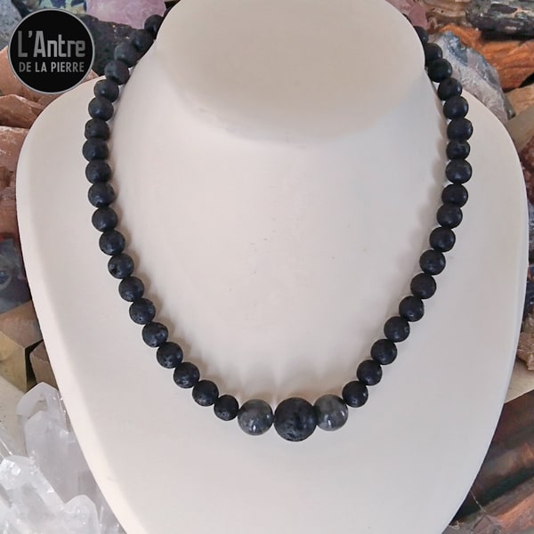 Collier en Pierre de Lave de 8 et 14 mm, Lapis-Lazuli d'Afghanistan Grade A Boules de 12 mm de 44 cm
