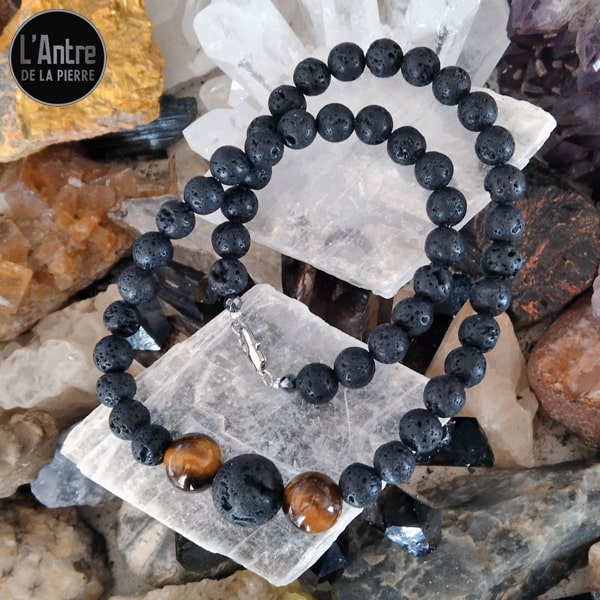 Collier Mixte Pierres Naturelles - Agate, Oeil De Tigre, Pierre De Lave, Coco - Lithothérapie - Acier Inox