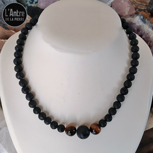 Collier en Pierre de Lave de 8 et 14 mm, Œil de Tigre d'Afrique du Sud Grade 2A Boules de 12 mm de 44 cm