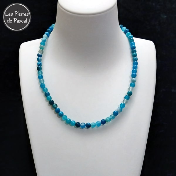 Réalisation d'un Collier en Agate Bandée Bleue Teintée du Brésil Grade A Boules de 6 mm de 44 cm + 5 cm