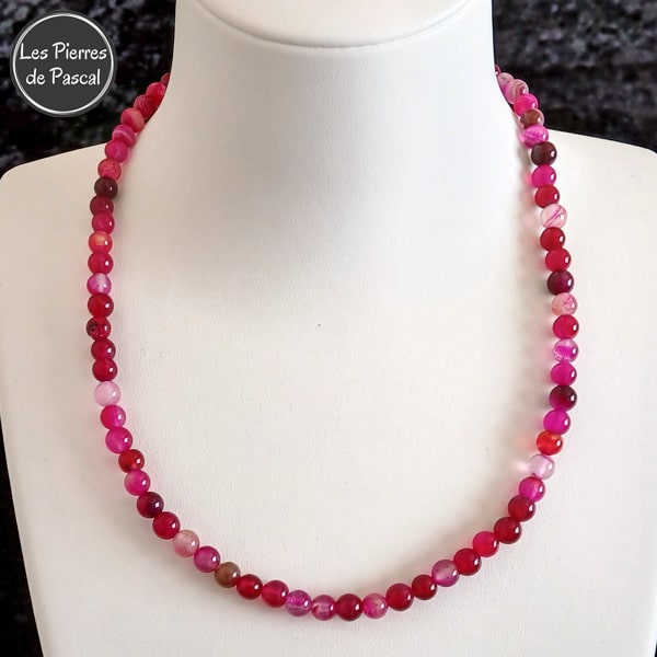 Réalisation d'un Collier en Agate Bandée Rose Teintée du Brésil Grade A Boules de 6 mm de 42 cm + 5 cm