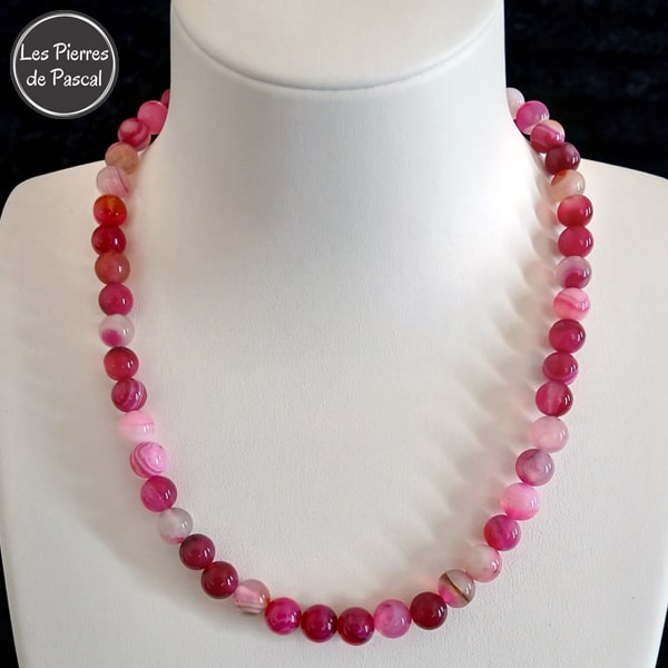 Réalisation d'un Collier en Agate Bandée Rose Teintée du Brésil Grade A Boules de 8 mm de 42 cm + 4 cm