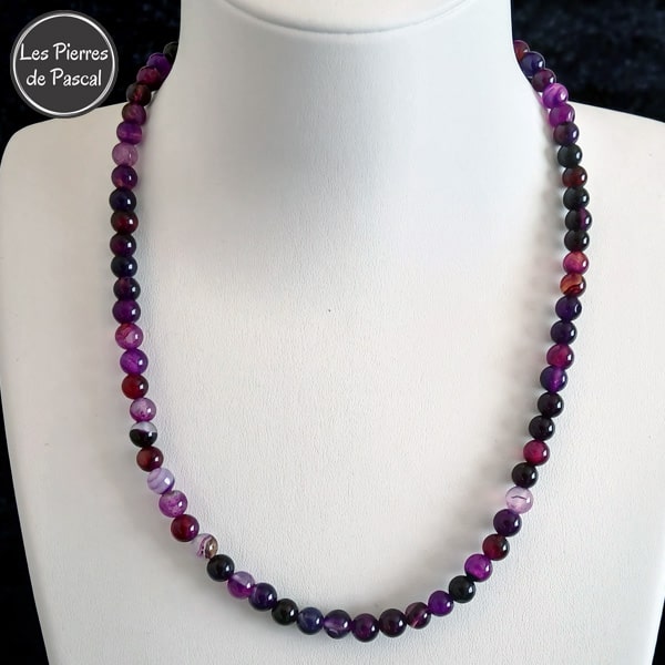 Réalisation d'un Collier en Agate Bandée Violette Teintée du Brésil Grade A Boules de 6 mm de 44 cm + 4 cm