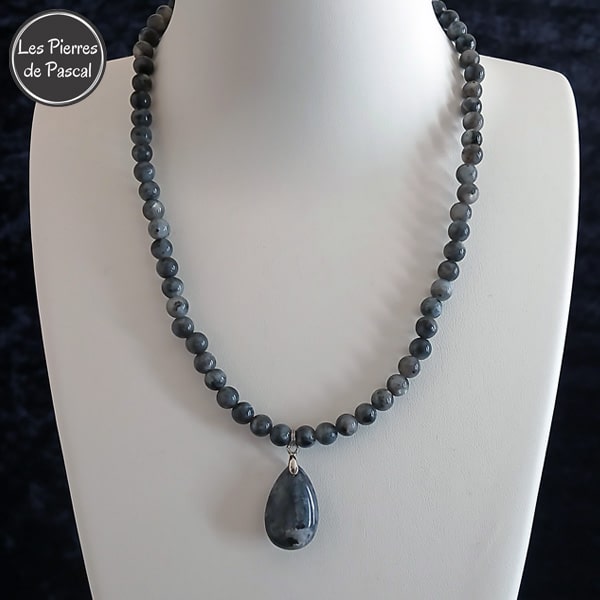 Réalisation d'un Collier Ras de Cou en Labradorite Scandinave Grade A+ Boules de 6 mm avec Pendentif Goutte Labradorite Scandinave de 44 cm + 4 cm