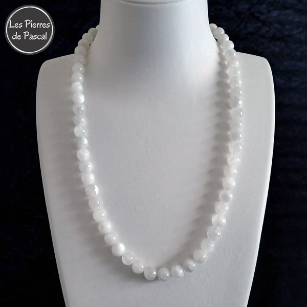 Collier en Pierre de Lune Arc en Ciel du Sri Lanka Grade A+ Boules de 8 mm de 52 cm + 4 cm