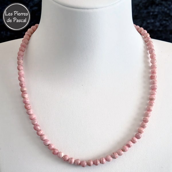 Réalisation d'un Ras de Cou en Rhodochrosite Rose du Brésil 3A+ Boules de 5 mm de 43 cm + 4 cm
