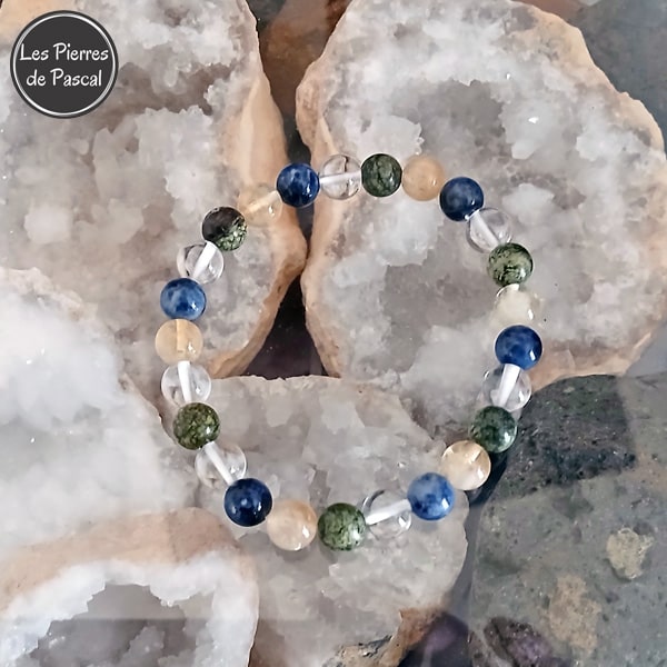 Bracelet Citrine, Cristal de Roche, Serpentine et Sodalite Boules de 8 mm Poignet 19 cm