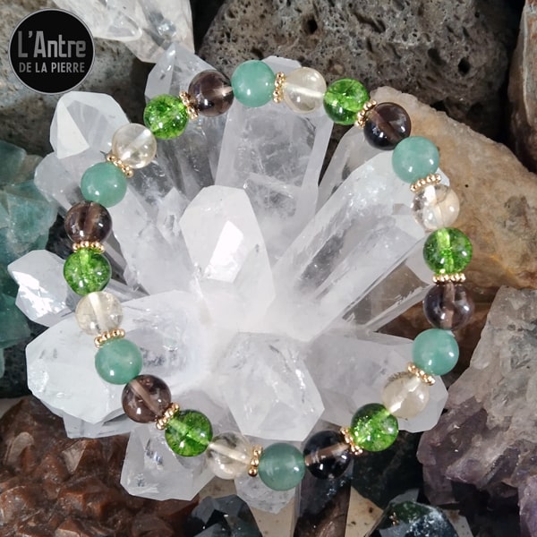 Bracelet Aventurine Verte, Citrine, Péridot et Quartz Fumé de 8 mm avec Rondelles Acier Inox Dorées Taille 20 Cm