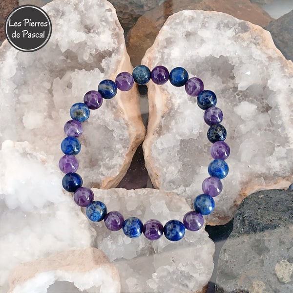 Bracelet Améthyste du Brésil et Lapis-Lazuli d'Afghanistan Boules de 8 mm Poignet 20 cm