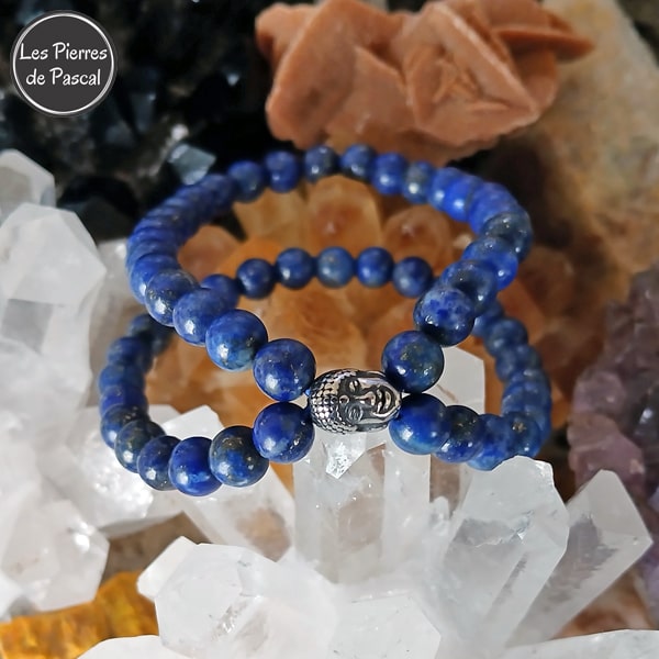 Double Bracelet Lapis-lazuli d'Afghanistan Boules de 6 mm Taille 18,5 cm avec une Tête de Bouddha