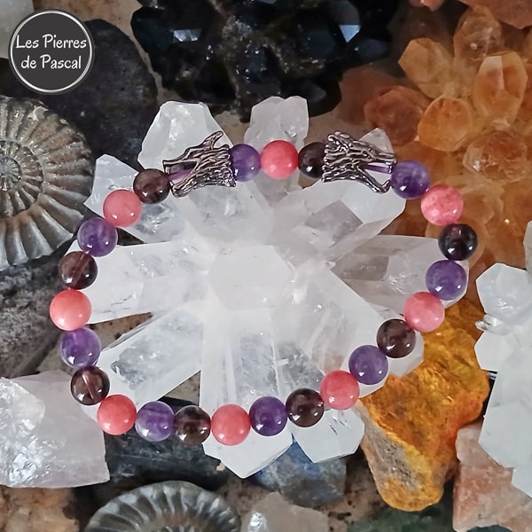 Bracelet Améthyste 2A, Quartz Fumé A, Rhodochrosite 3A Boules de 8 mm avec 2 Têtes de Dragon Poignet 21 cm
