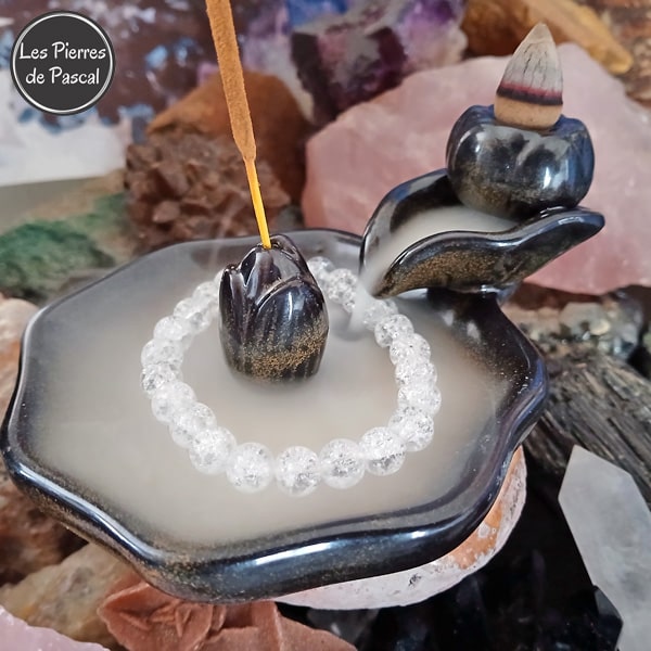 Encensoir Fleur de Lotus Noir et Marron, Cascade de Fumée à Reflux pour Purifier ses Pierres par la Fumée