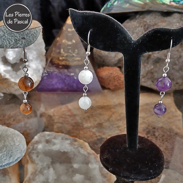 Lot de 3 Paires de Boucles d'Oreilles en Améthyste, Œil de Tigre et Pierre de Lune Boules de 8 et 10 mm avec des Crochets en Acier Inoxydable
