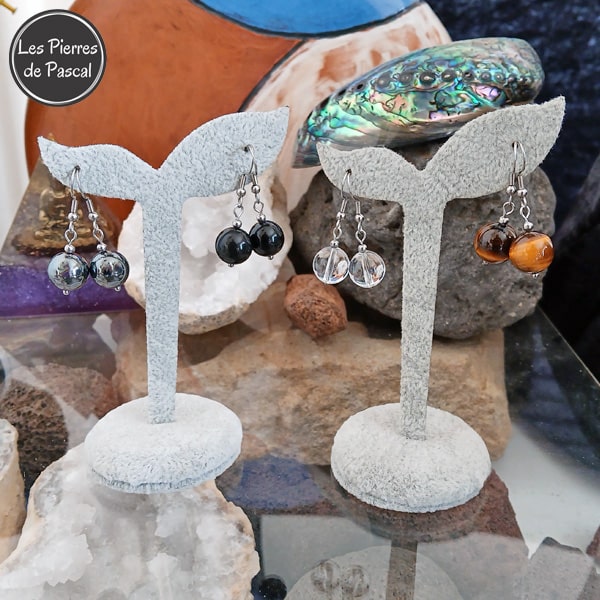 Lot de 4 Paires de Boucles d'Oreilles en Cristal de Roche, Hématite, Obsidienne Œil Céleste et Œil de Tigre de 12 mm avec des Crochets en Acier Inoxydable