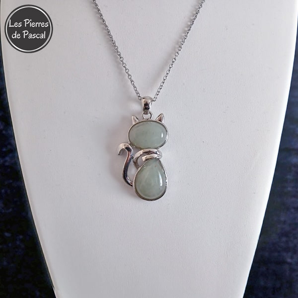Pendentif Chat en Aventurine Verte et Métal Argenté avec une Chaîne Acier Inoxydable 304 de 50 cm