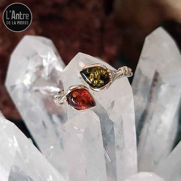 Bague Ajustable en Argent 925 avec 1 Pierre d'Ambre Cognac et 1 Pierre d'Ambre Vert