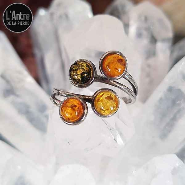 Bague Ajustable en Argent 925 avec 4 Pierres d'Ambre Multicolore dont une en Ambre Vert