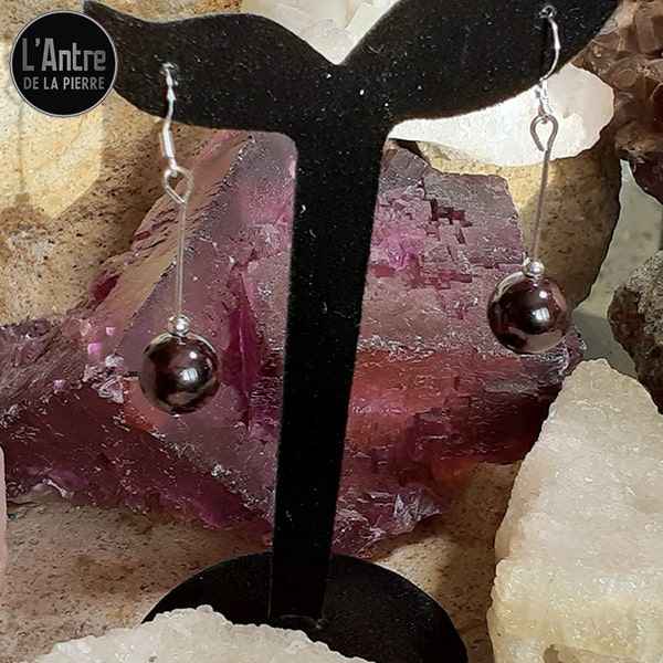 Longues Boucles d'Oreilles en Grenat Almandin Boule de 10 mm et Crochet en Argent 925