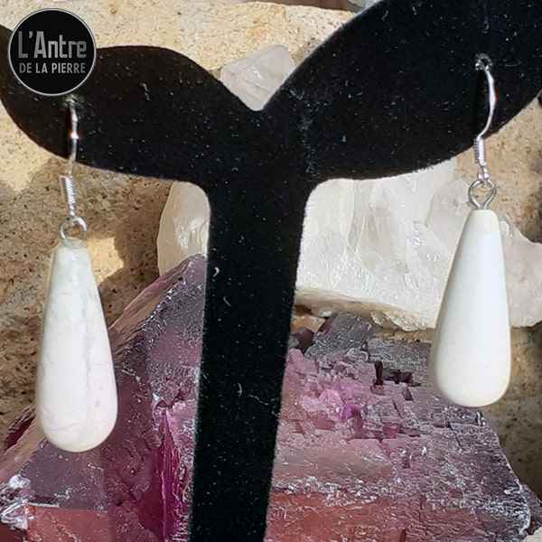 Longues Boucles d'Oreilles Howlite Blanche en Forme de Goutte et Crochets en Argent Sterling 925