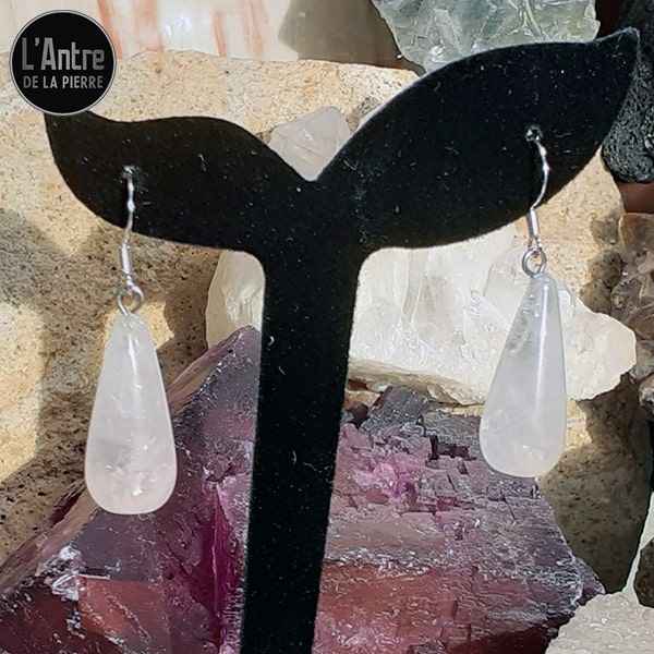 Longues Boucles d'Oreilles Cristal de Roche en Forme de Goutte et Crochets en Argent Sterling 925