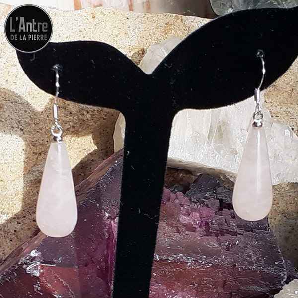 Longues Boucles d'Oreilles Quartz Rose en Forme de Goutte et Crochets en Argent Sterling 925