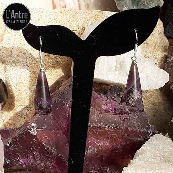 Longues Boucles d'Oreilles Améthyste en Forme de Goutte et Crochets en Argent Sterling 925