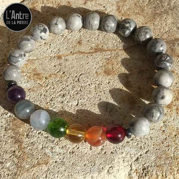 Mon Bracelet 7 Chakras avec Jaspe Gris et ses Très Belles et Nobles Pierres