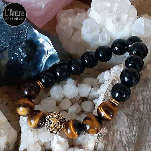 Bracelet Pierres Naturelles en Onyx Noir et Œil de Tigre d'Afrique du sud de 10 mm et de Qualité AAA avec une Tête de Lion Dorée Antique