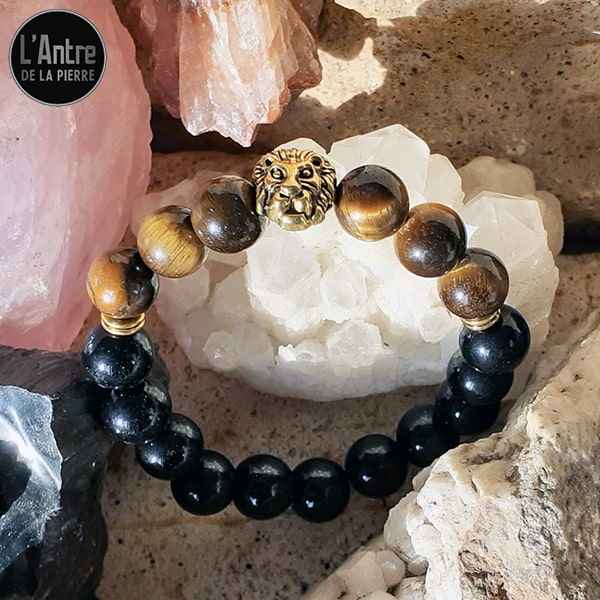 Bracelet Pierres Naturelles en Onyx Noir et Œil de Tigre de Qualité AB de 10 mm avec une Tête de Lion Dorée Antique