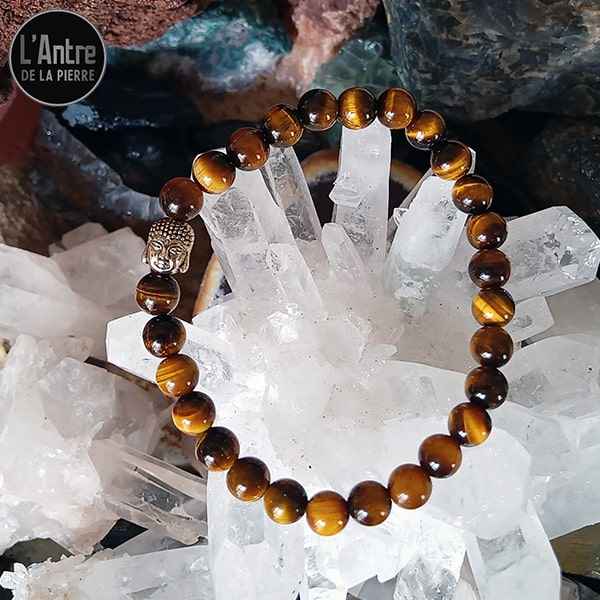 Bracelet Œil de Tigre 8 mm d'Afrique du Sud de Qualité A avec une Tête de Bouddha en Acier Argenté